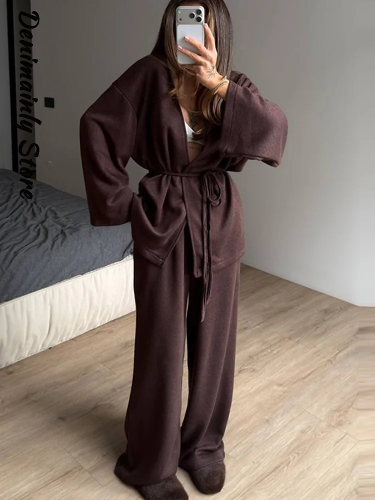 Loose Women's Lace Up Full Sleeve Long Pants Set Casual Female Open Top Wide Leg Pant 2026 Spring Summer Lady Solid Color Suit