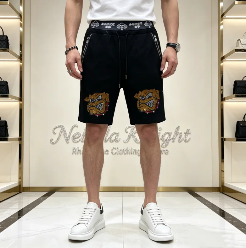 Men's Hip Hop Rhinestone Sports Shorts with Drawstring Waist And Zipper Pocket Loose Fit Summer Vacation Running Beachwear