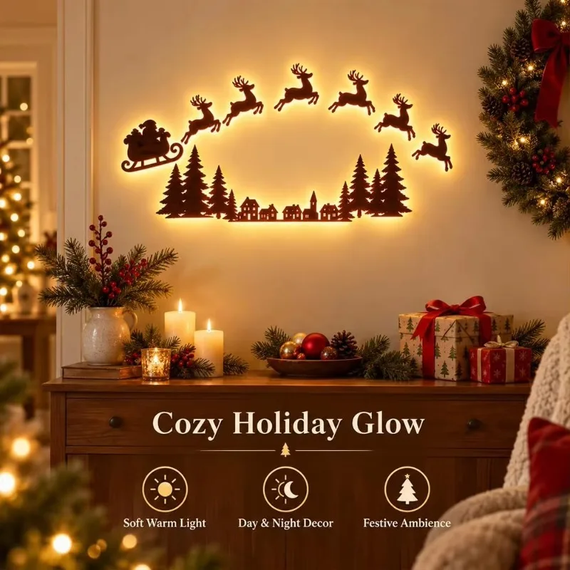 Lighted Santa Sleigh Reindeer Christmas Wall Decor Remote Set, Warm White Glow, Wooden Cutout Design, Flexible Layout