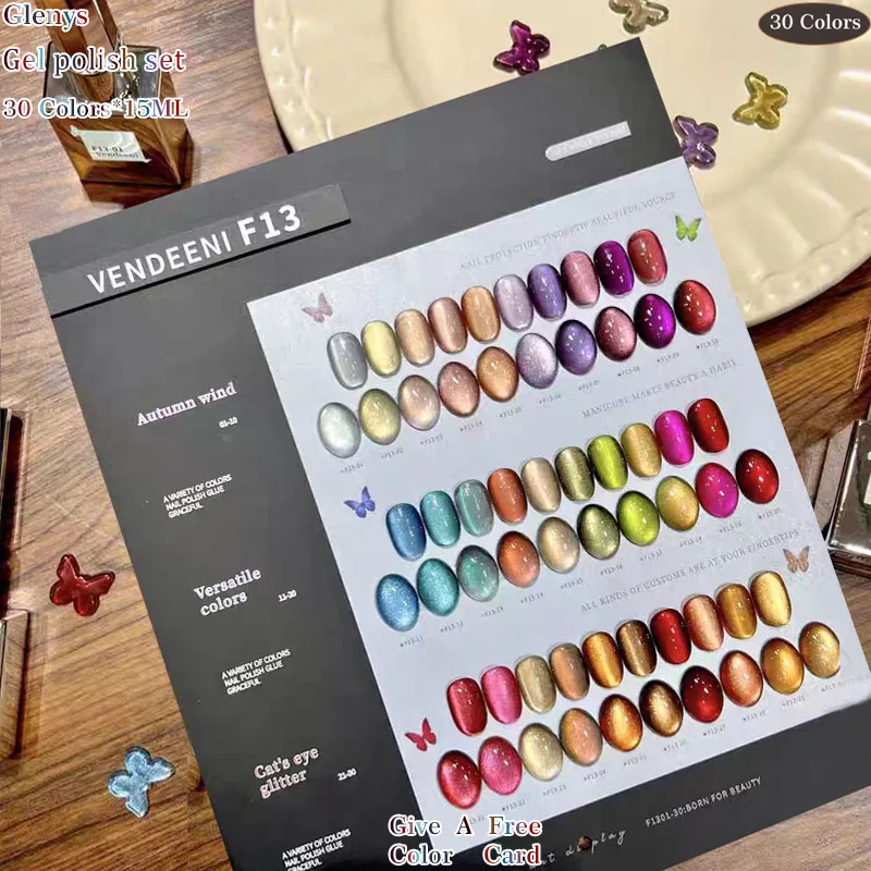 

Набор гель-лаков для ногтей Glenys 30 цветов, эффект кошачьего глаза, популярный цвет, карта цветов, специальный гель для маникюра, набор для нейл-арта.