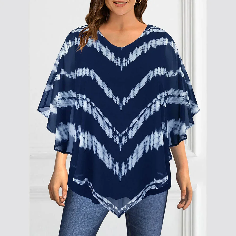 

Women's Plus Size Chiffon Stripe Printed Blouse Elegant Round Neck Double-Layered Summer Top Casual Loose Female Cape Pullovers