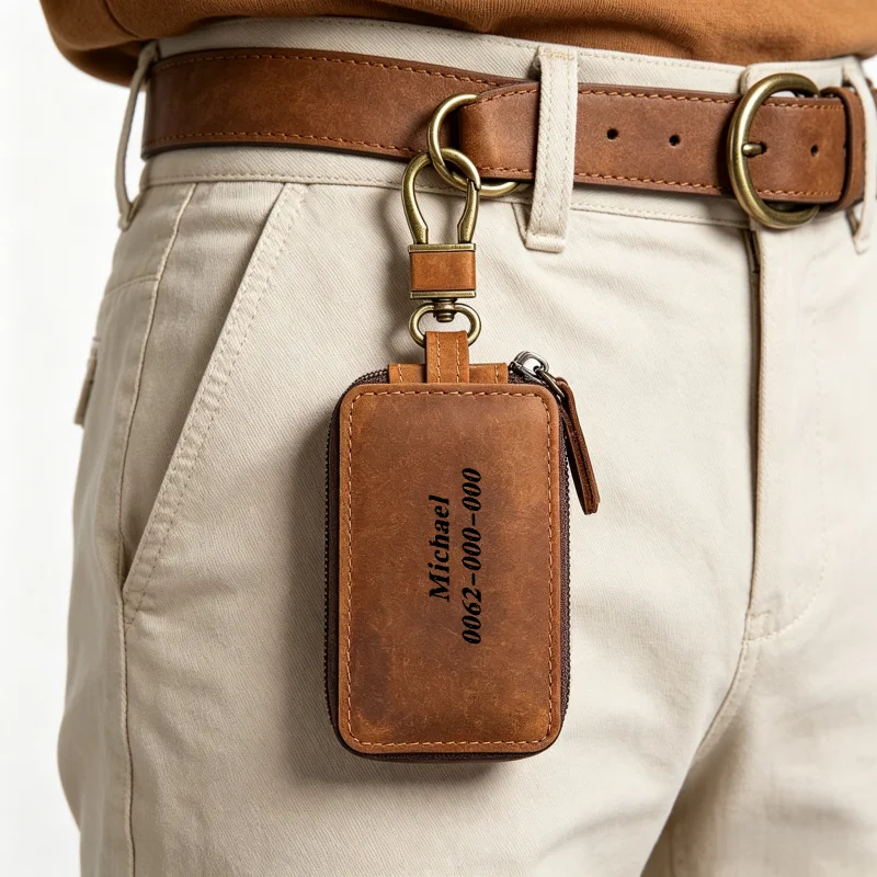 Custom Unisex Genuine Crazy Horse Leather Car Key Holder Dual-Zipper Wallet with Waist Looper Business Gift