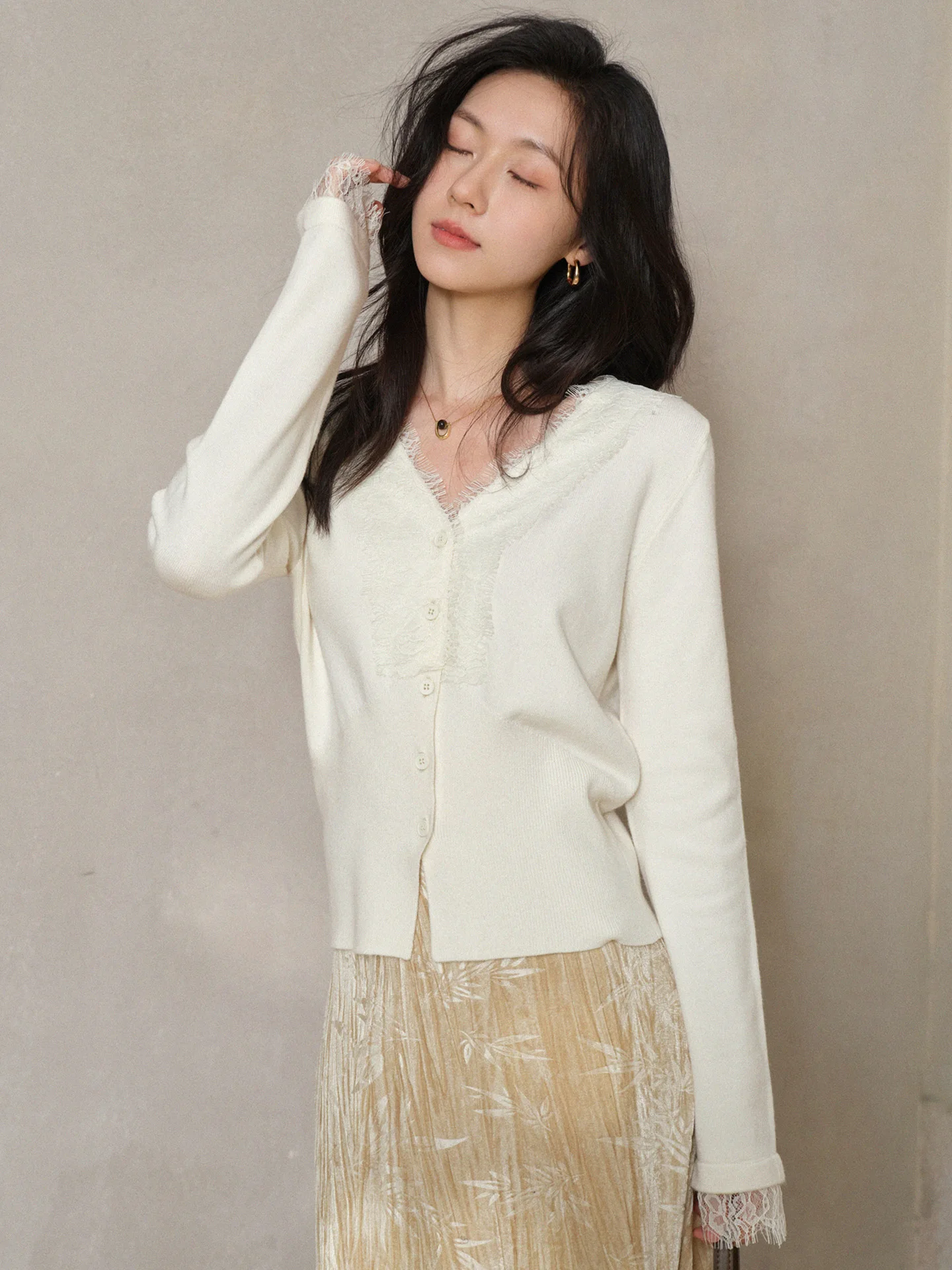 Elegant Lace Trim Knit Cardigan Sweater for Women Soft V-Neck Button Top Sweet Long Sleeve Layering Outfit for Winter Daily Wear