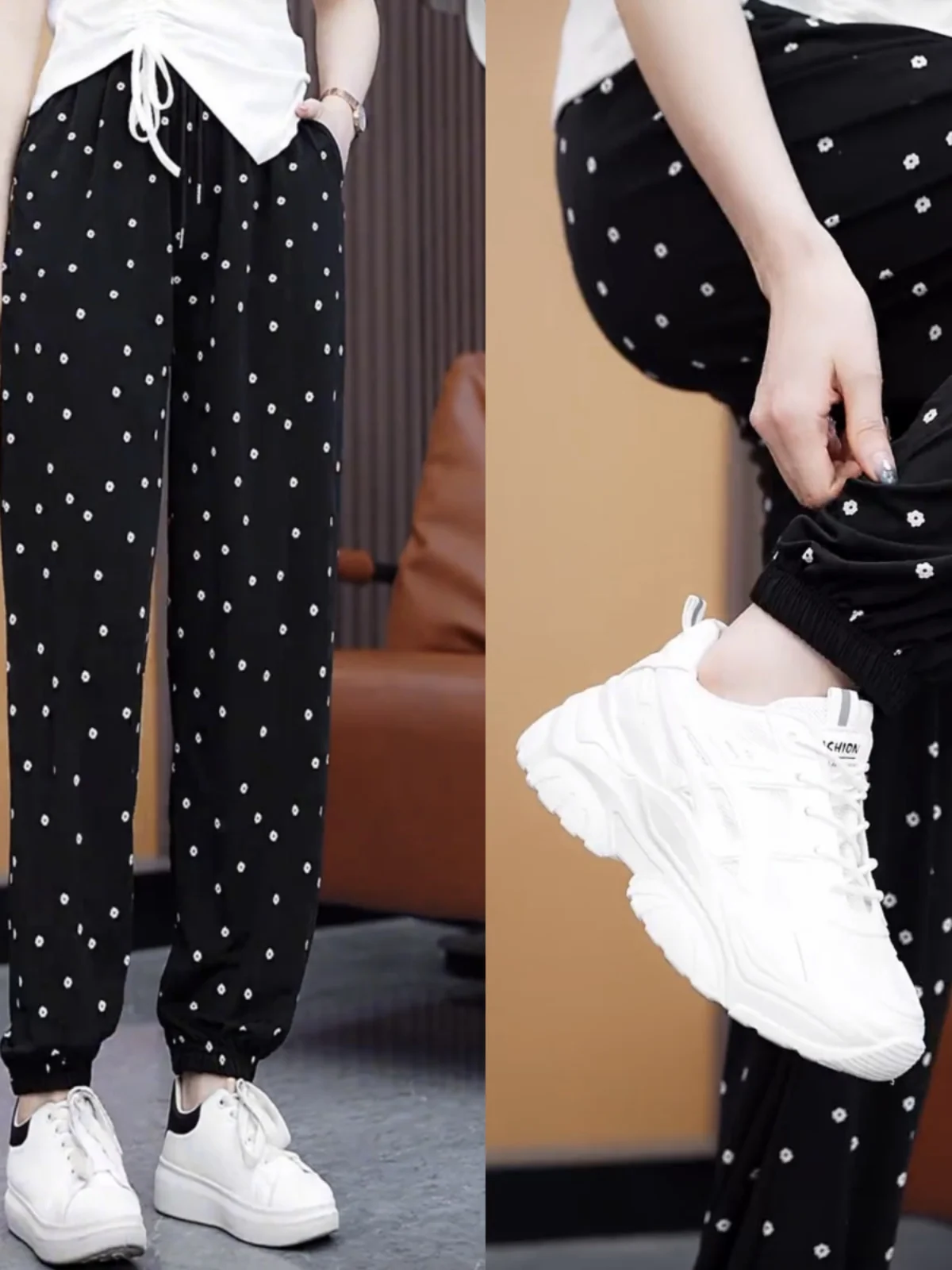 Ice Silk Loose Fit Summer Printed Casual Pants Floral Sporty Trousers High Waist Nine Points Other Material Thin Style Harlan