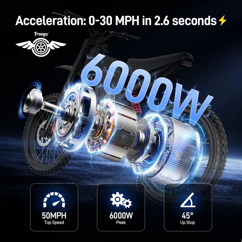 Freego X2Pro Electric Bike 6000W Motor 1800Wh Battery Electric Motorcycle Max 50Mph Electric Dirt Bike 19x2Full Suspension ebike image 5
