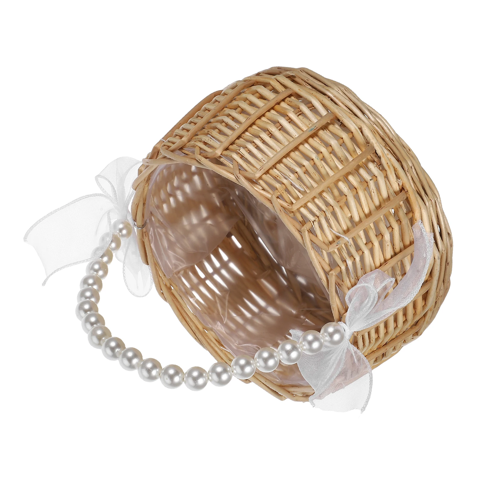 

Handwoven Wedding Flower Girl Basket Beige Willow Wicker Storage With Pearl Handle Bridal Shower Decorative Home Use For Flowers