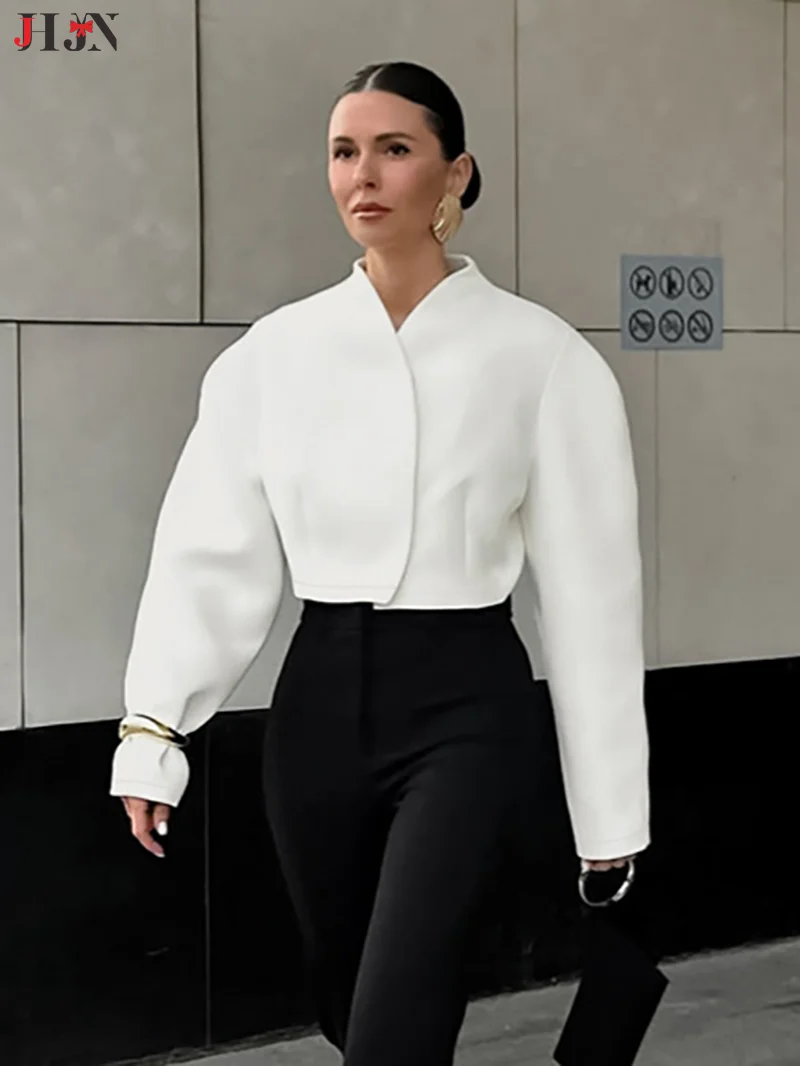 

JHJN Короткая белая куртка для женщин, свободный кардиган с v-образным вырезом и длинными рукавами, минималистичный элегантный темпераментный кардиган, универсальная модная верхняя одежда