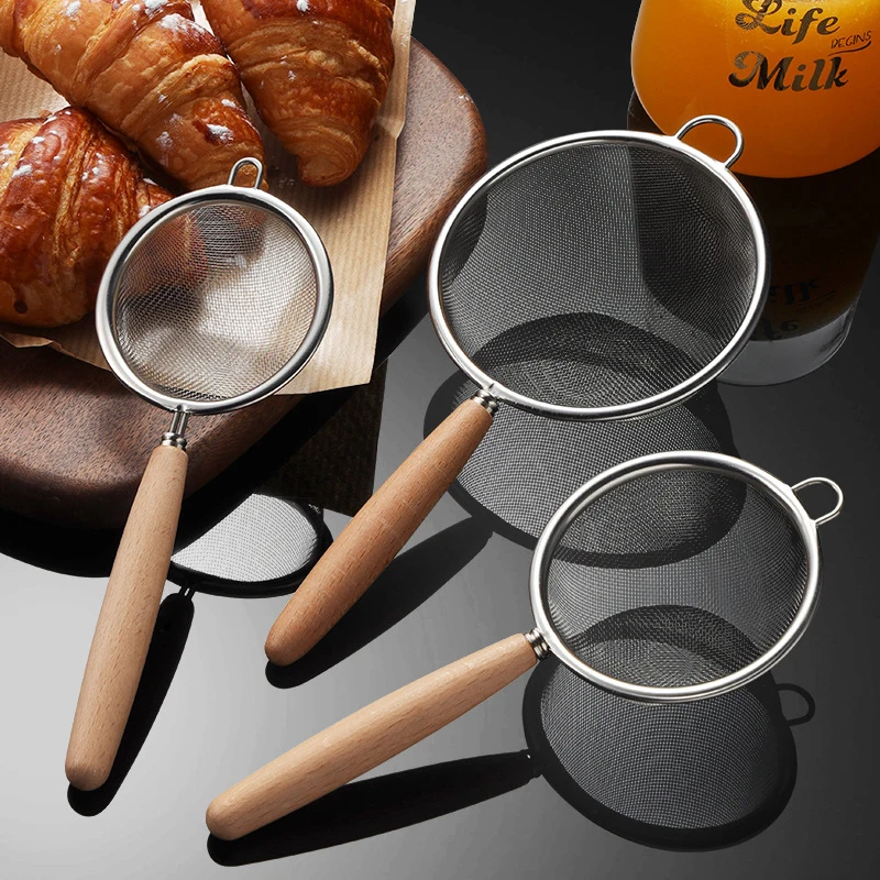 1Pc 304 Stainless Steel Mesh Filter Spoon With Wooden Handle Flour Filter Spoon Household Kitchen Fried Food Filter Colanders