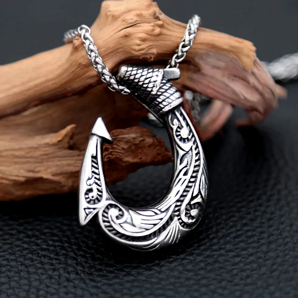 Fashion Punk Fish Hook Pendant Vintage Stainless Steel Norse Viking Amulet Necklace For Men Biker Jewelry Gift Dropshipping