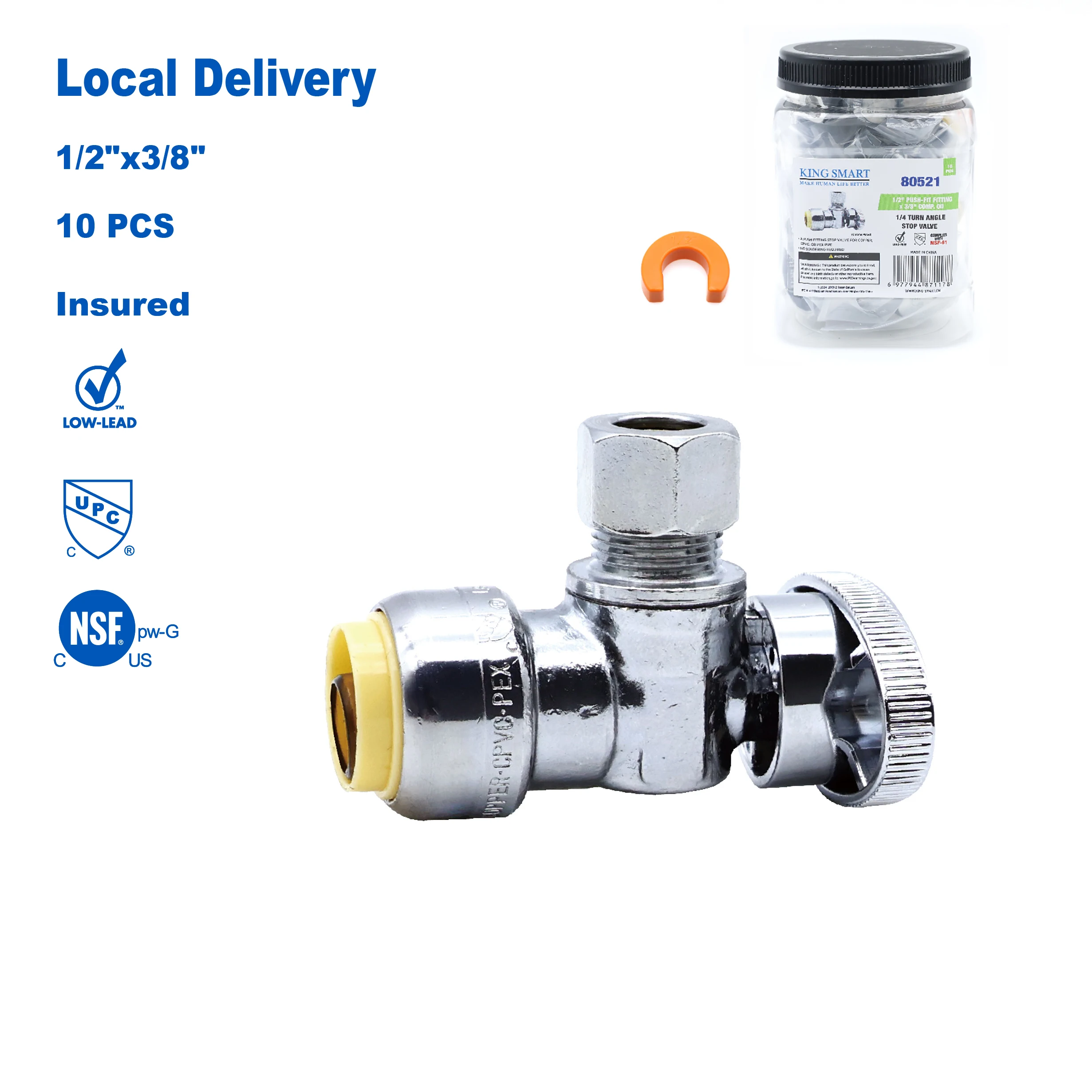 

KING SMART 1/2" push fit * 3/8" Comp. OD 1/4 Turn Angle Stop Valve; For PEX Pipe, PERT, CPVC, Copper Pipe; 10Pcs/Case; 80521