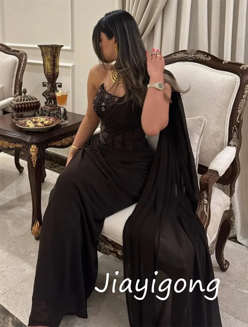 Customized Exquisite Jersey Sequined Pleat A-line One-shoulder Long Dresses Bespoke Occasion High Quality image 5