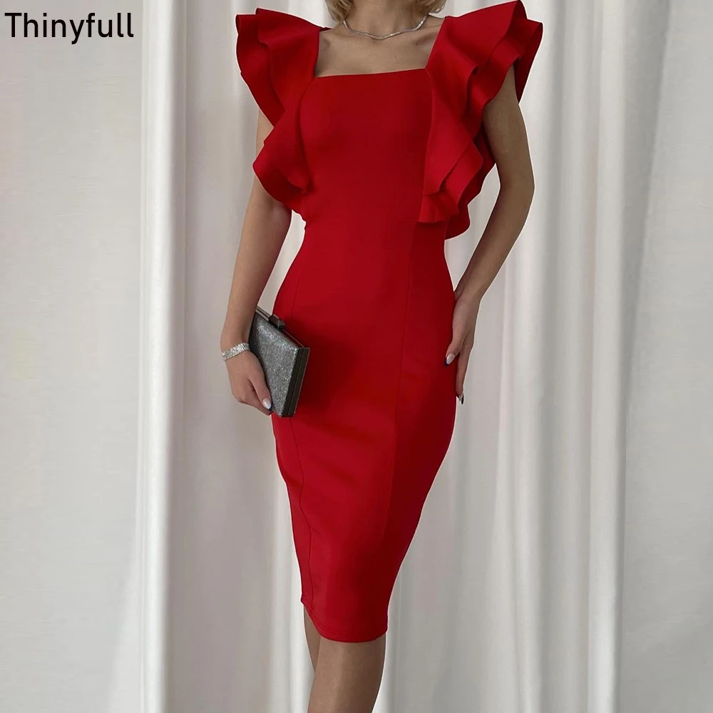 

Thinyfull Red Mermaid Prom Dress Square Collar Cap Sleeves Evening Party Gowns Tea-Length Formal Event Dress Vestidos De Noche