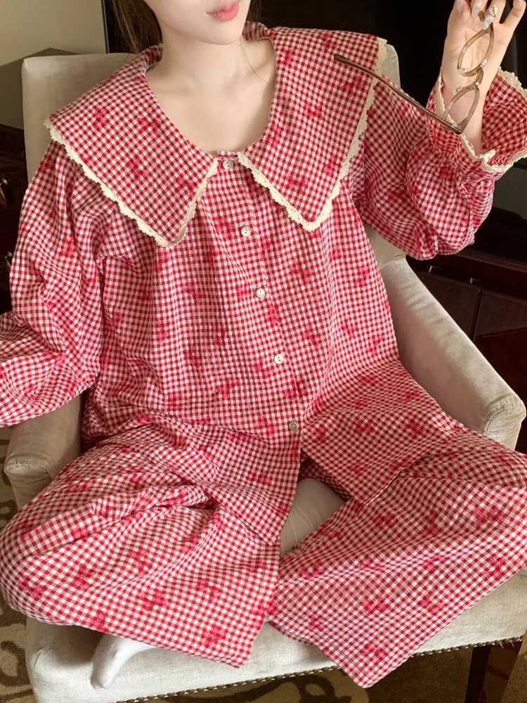 

New Seasonal Nightwear for Women: Cardigan-Style Checked Pinafore-Neck Long-Sleeved Pyjamas with Trousers – Homewear Set