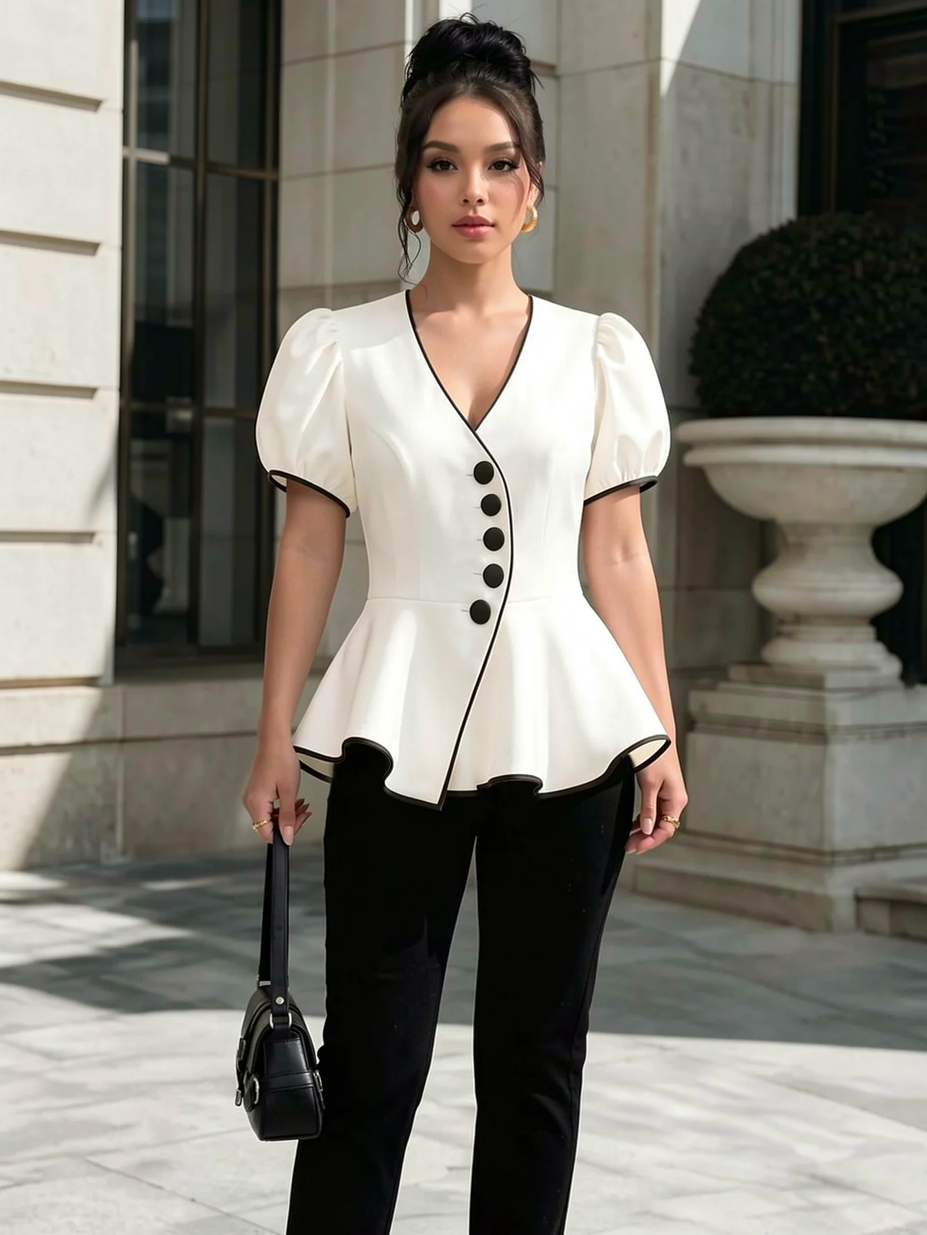 

V Neck Puff Sleeve Button Down Peplum Blouse For Office Business Formal Dinner Evening Party