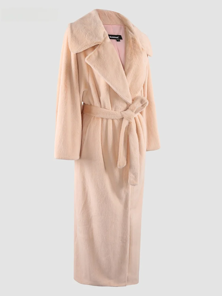 Nerazzurri Pink Faux Fur Coat Women's Extra Long Belted Suit Collar Eco-friendly Fur Long Overcoat Korean Style Commute Wind