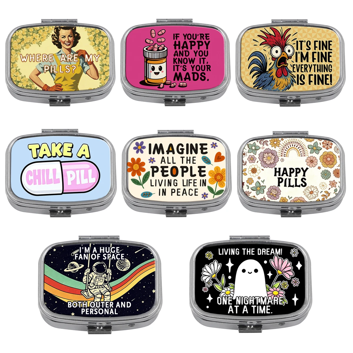 Cute Ghost 2 Compartments Happy Pills Metal Medicine Box Portable Travel Decorated Sealed Quote Pill Organizer Container Storage