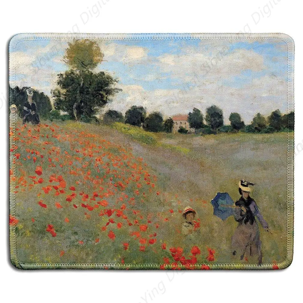 Artistic Rubber Mouse Pad With Claude Monet's Famous Poppy Field Art Painting, Durable Computer Mouse Pad 25*30cm