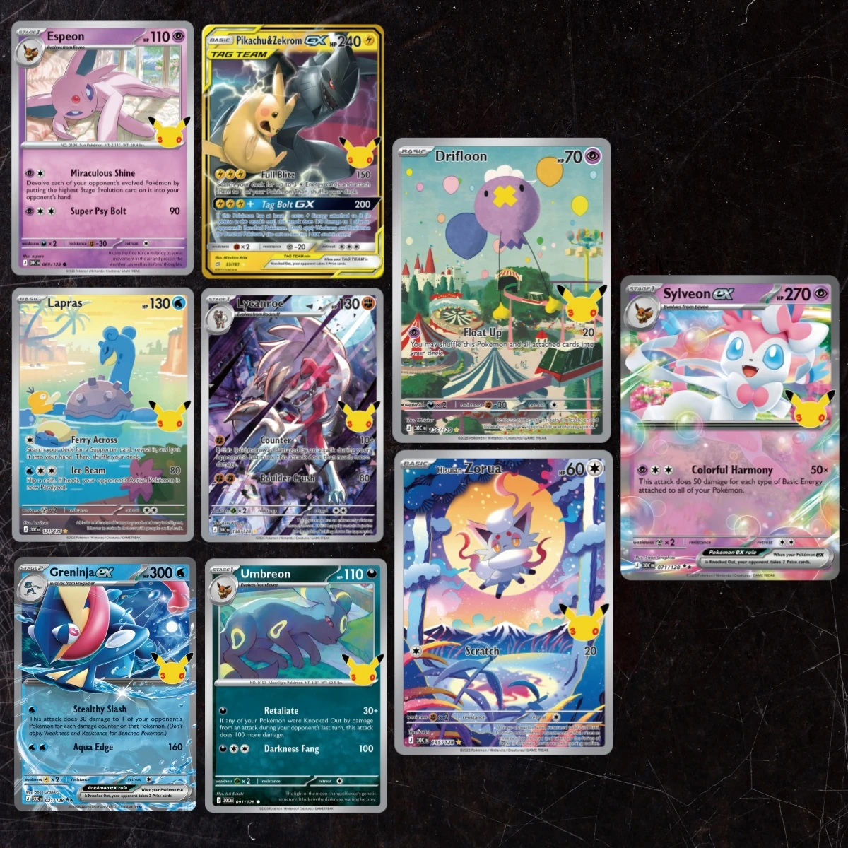 Tarjetas Pokémon con textura holográfica DIY del 30.º aniversario (Espeon, Pikachu, Sylveon, Umbreon), tarjeta de colección de anime premium, 9 piezas