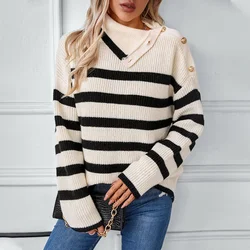 Women Sweaters Long Sleeve Turn Down Collar Knit Pullovers Striped Jumpers Button High Street Splice Casual Autumn 2024