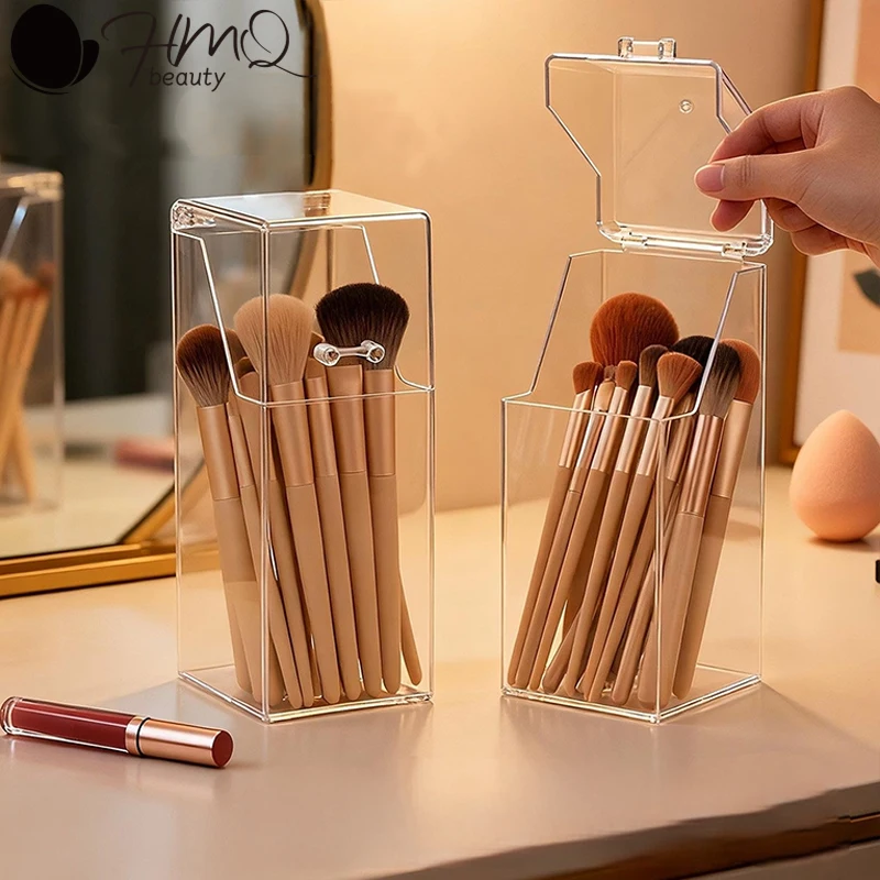 Makeup Brush Storage Box Flip-Top Transparent Acrylic Eyebrow Pencil Storage Rack with Dust-Proof Desktop Makeup Tool Organizer