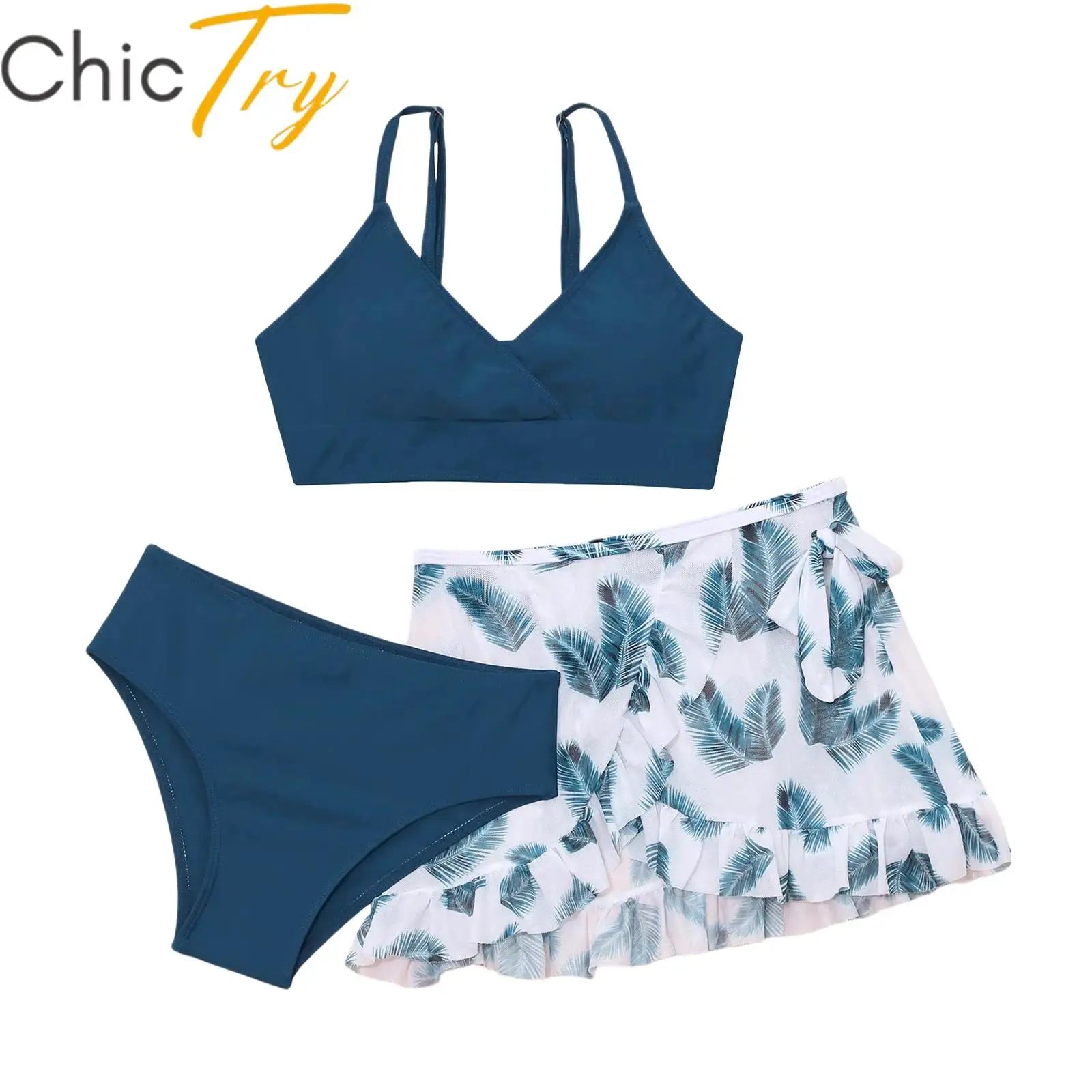 

Kids Girls 3 Pieces Swimsuit Swimwear Beachwear Set Removable Chest Pads Tops with Briefs and Ruffle Printed Skirt Summer Outfit