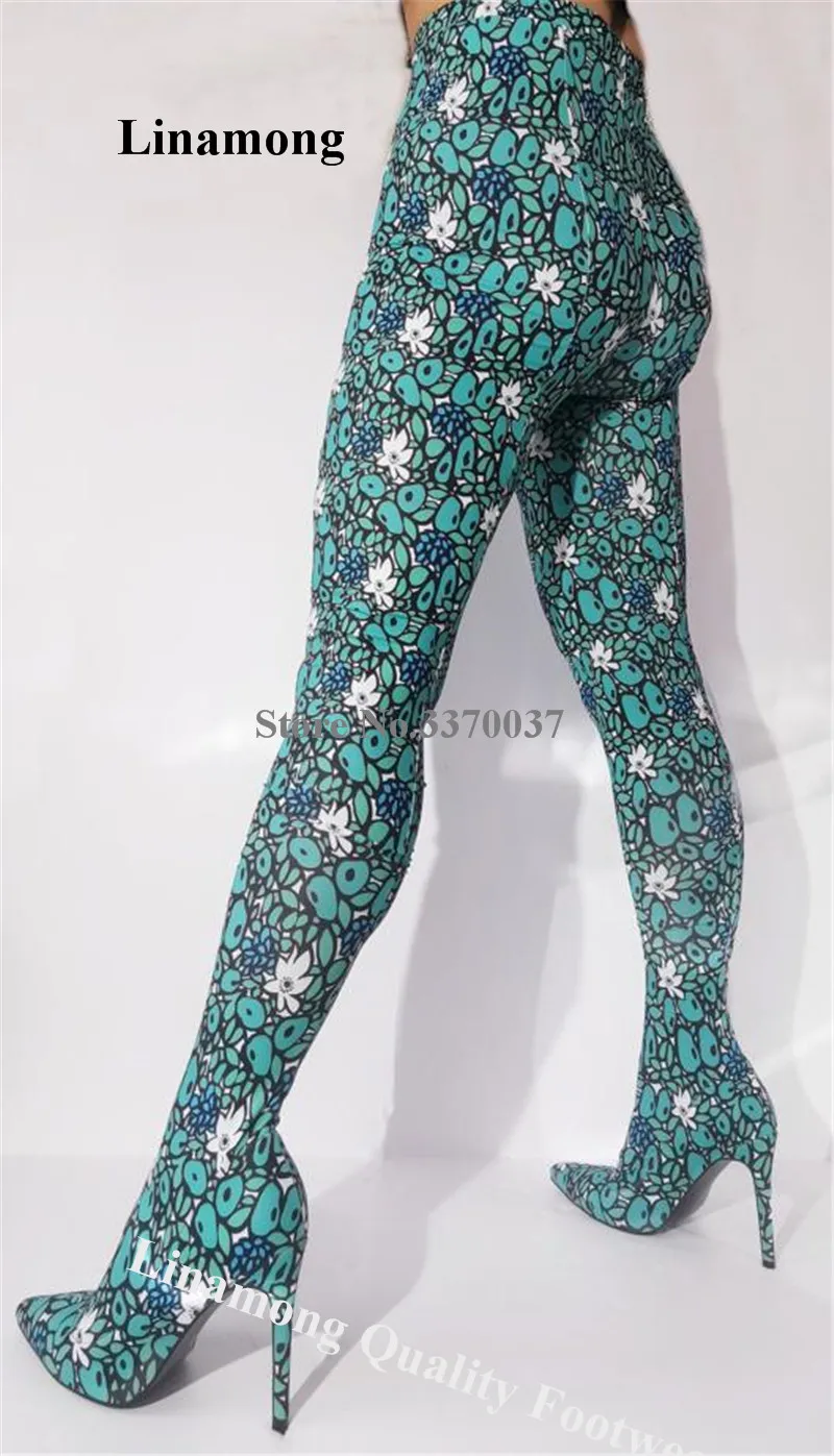 Printed Pant Long High Heel Boots Linamong Newest Sexy Pointed Toe Colorful Bandage Stretchable Waist High Stiletto Heel Boots