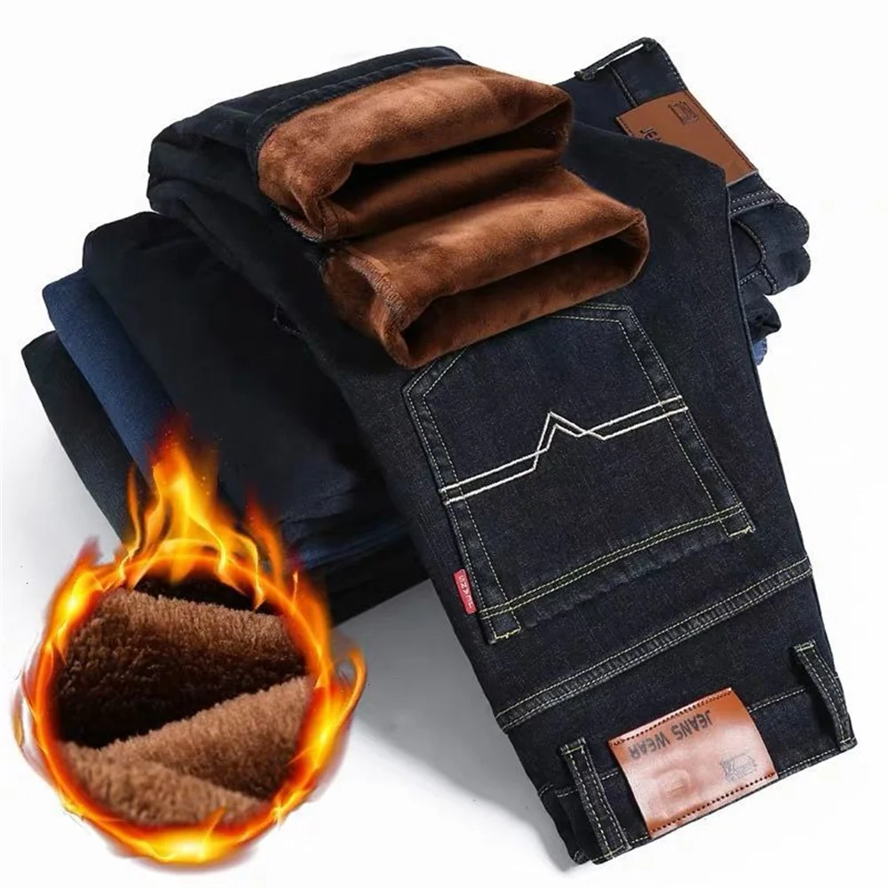 Брендовые мужские осенне-зимние теплые джинсы, деловые модные брюки, мужские джинсовые брюки в стиле ретро, высококачественные повседневные Стрейчевые облегающие джинсы