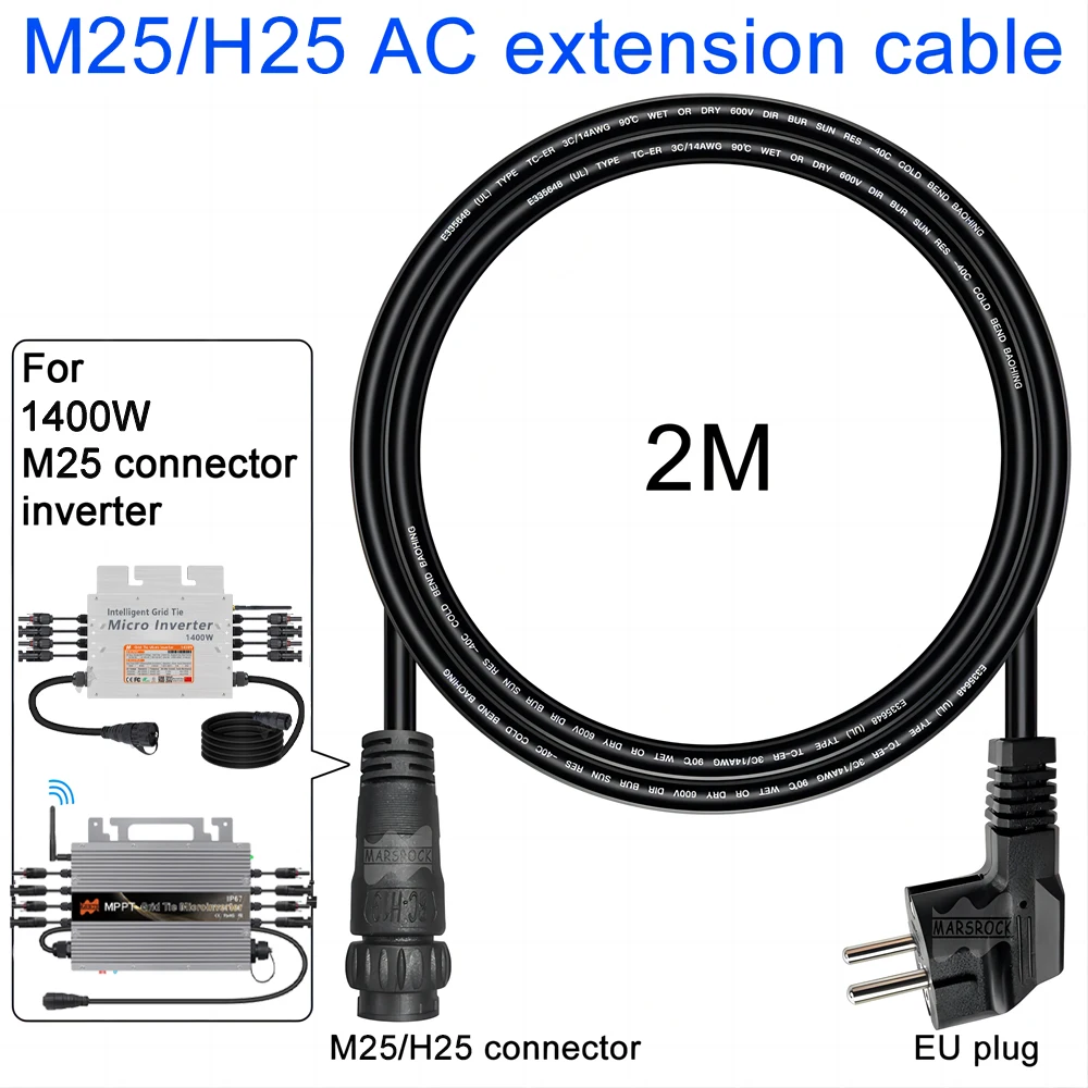 

2M AC Power Extension Cord 220V EU, M25/H25 With 3 Core Connector And EU Plug, For 1400W Solar Micro Inverter