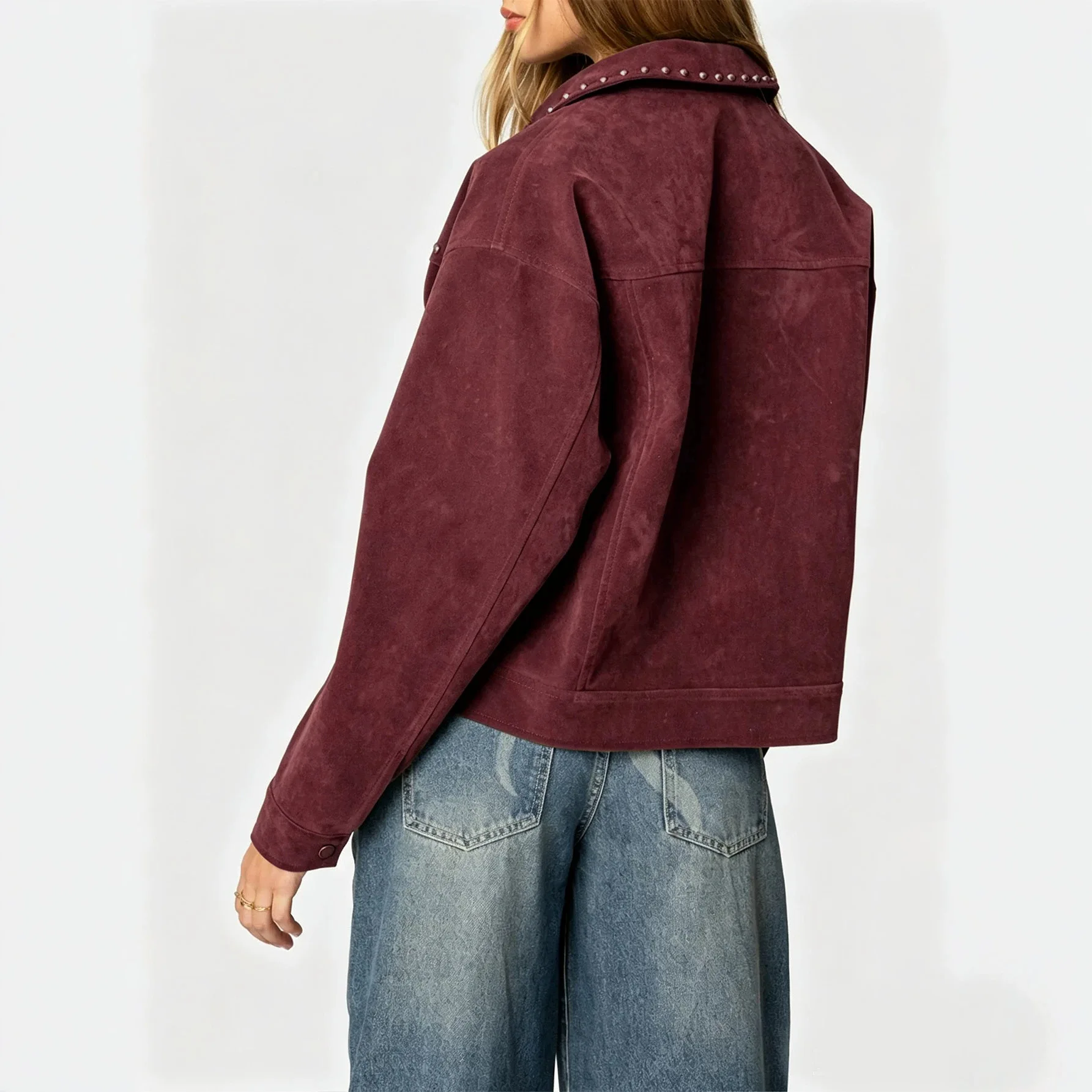 Burgundy Studded Faux Suede Cropped Jacket for Women Vintage Western Rivet Detail Collar Full Zip Casual Loose Fit Fall Coat