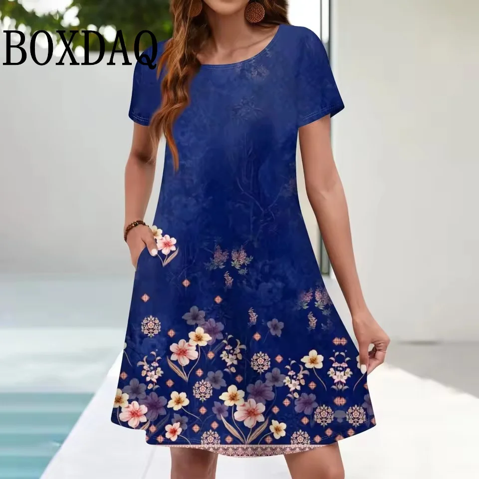 Women's Casual Floral Printed Summer Bohemian Beach Dress Pockets Loose Dress Plus Size Dresses For Short Sleeve Women's Dresses