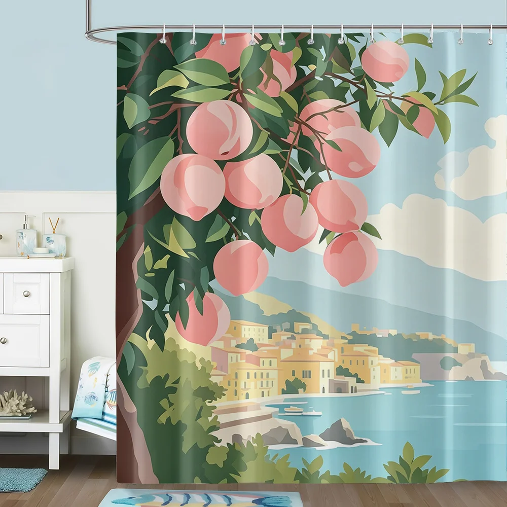 

High Quality Peaches Floral Shower Curtain Waterproof Bathroom Decor Mediterranean Coastal Scene Summer Vibes Polyester Home Spa
