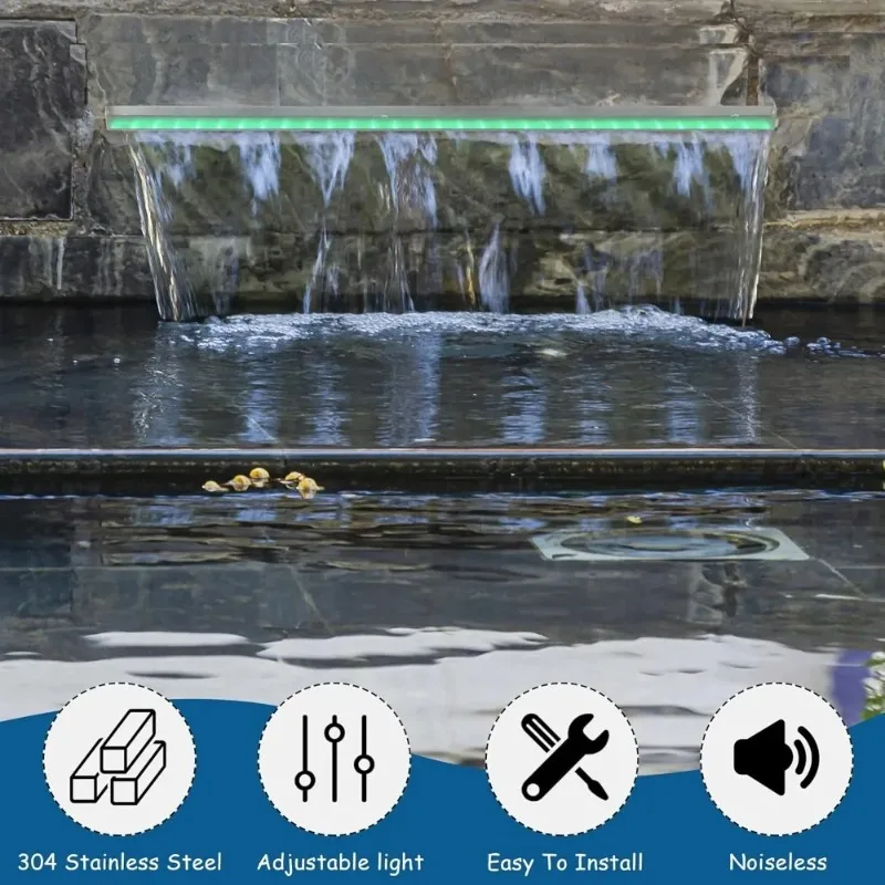 Factory Direct 2026 Pool Waterfall Spillway, Stainless Steel Pond Waterfalls with Multi Color-LED Light Outdoor Pool Fountain fo