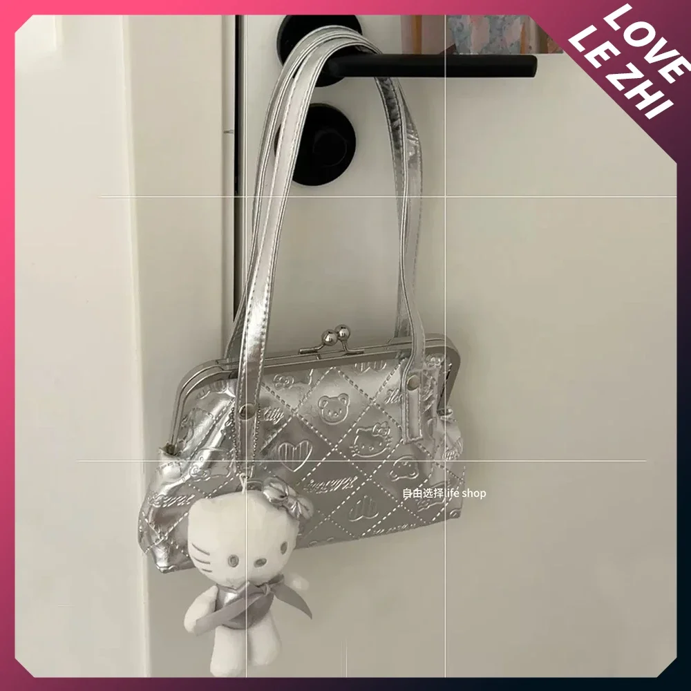 Sanrio argenteo Hello Kitty borsa a tracolla monospalla borsa a tracolla di grande capacità borsa da viaggio a breve distanza per studentessa