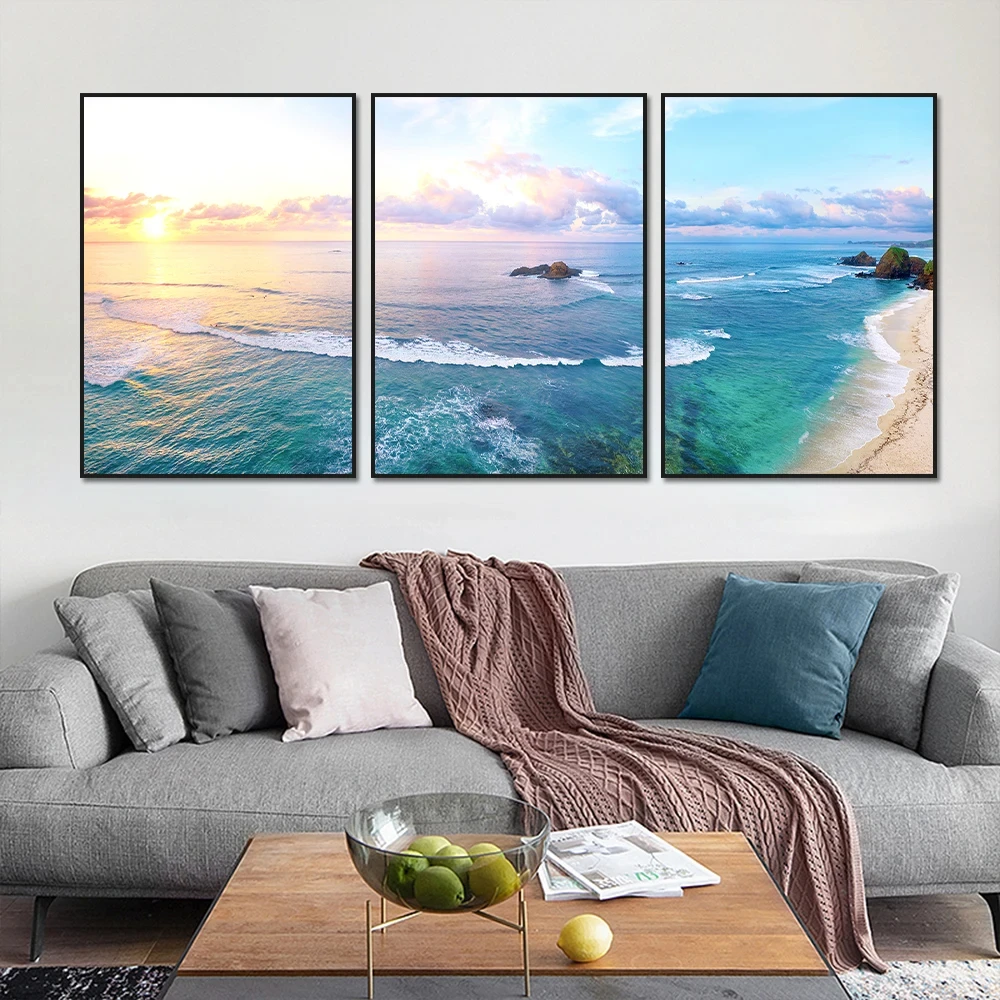 

3PCS Frameless Sunset Ocean Seascape Poster,Canvas Painting Living Room Decor Blue Sea White Beach Picture Seascape, Wall Art