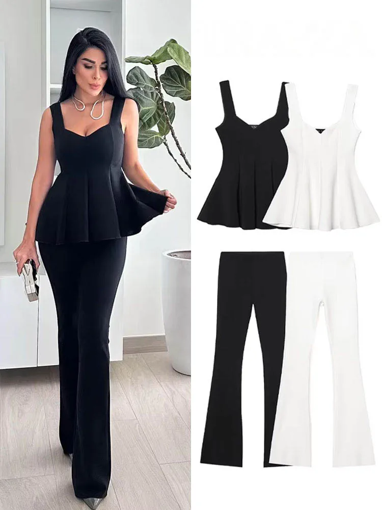 HH Women Pants Suit Chic Hem Folds Solid Sleeveless Slim Wide Shoulder Strap Top+Casual High Waist Elasticity Flare Trousers