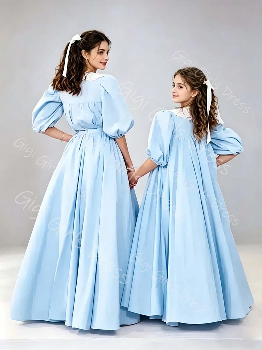 

A-line/Princess Satin First Communion Dress High Waist Balloon Sleeve Flower Girl Dress Lace Shawl Customized Wedding Party Gown