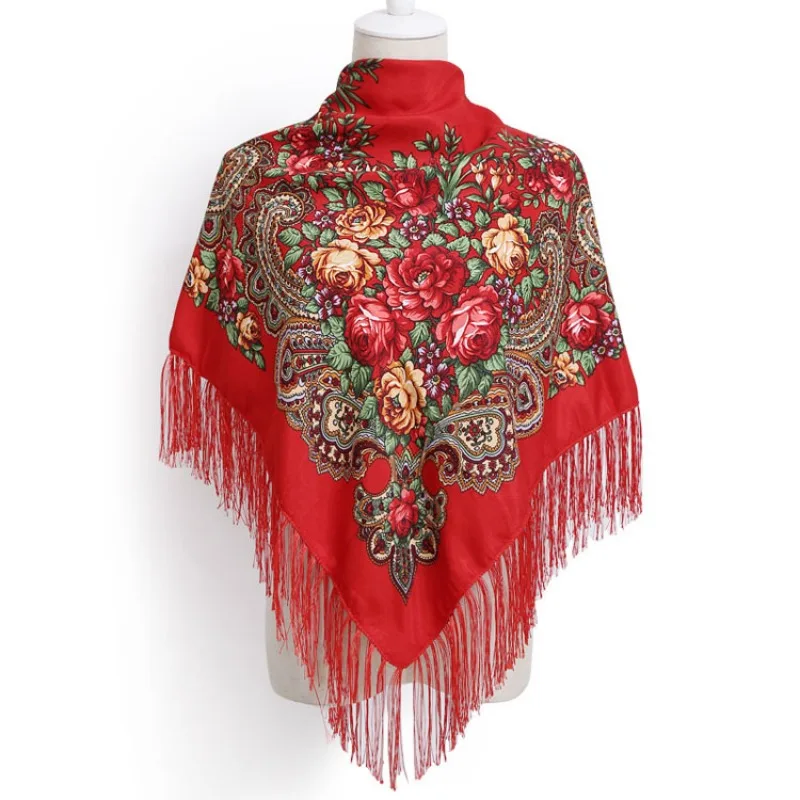 Retro Printed Headscarf Hijabs for Woman Fringed Square Flower Shawl Wrapped Babushka Handkerchief Head Wraps Travel Shawl