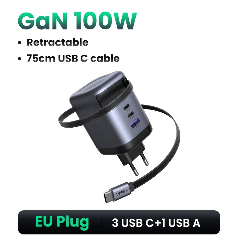 UGREEN 100W GaN-oplader met intrekbare USB C-kabel UFCS PPS PD snellader voor laptop Macbook Pro iPad tablet iPhone Samsung
