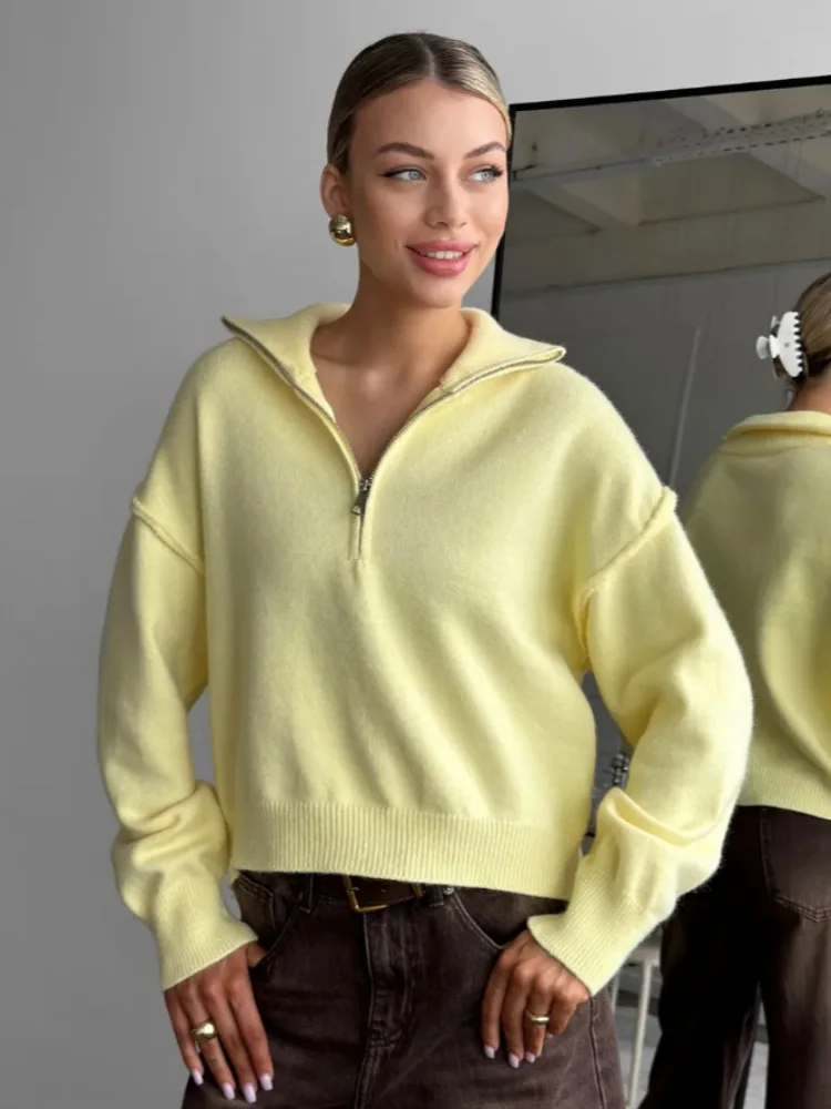 نصف سستة تصميم بلون المرأة سترة بسيطة موضة التلبيب طوق كم طويل البلوز القمم جديد كسول نمط عادية تريكو #1