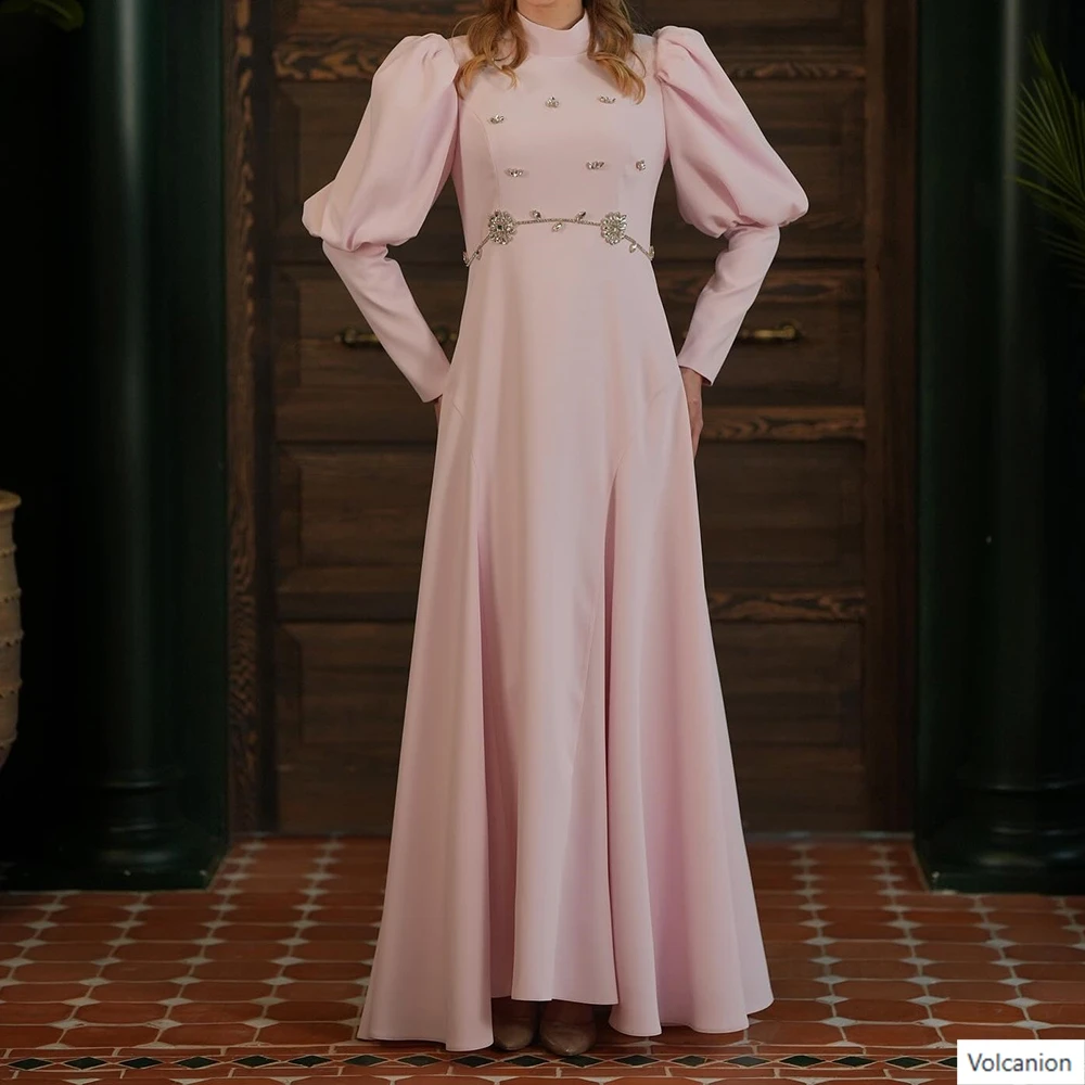 

Customized A-line Evening Dresses Floor-length High-neck Full Sleeve Prom Gown Fashion Crystal Simple Draped Casual Party Gown
