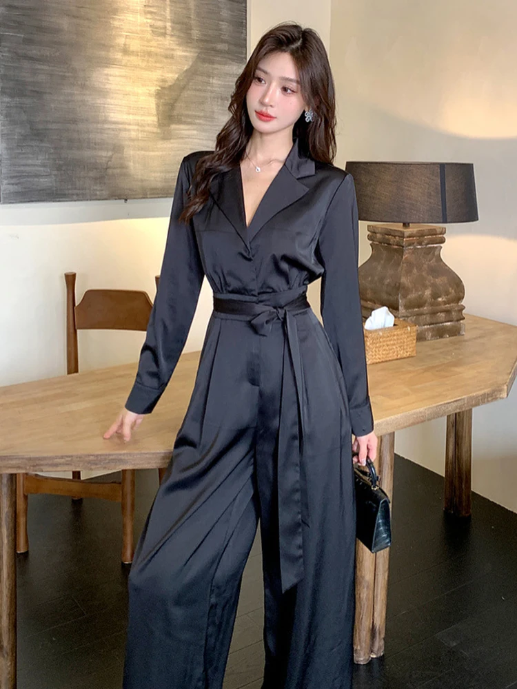 New Spring Autumn Vintage Black Casual Long Jumpsuits Women Clothes Elegant Lady Formal Lapel Long Sleeve Wide Leg Loose Rompers