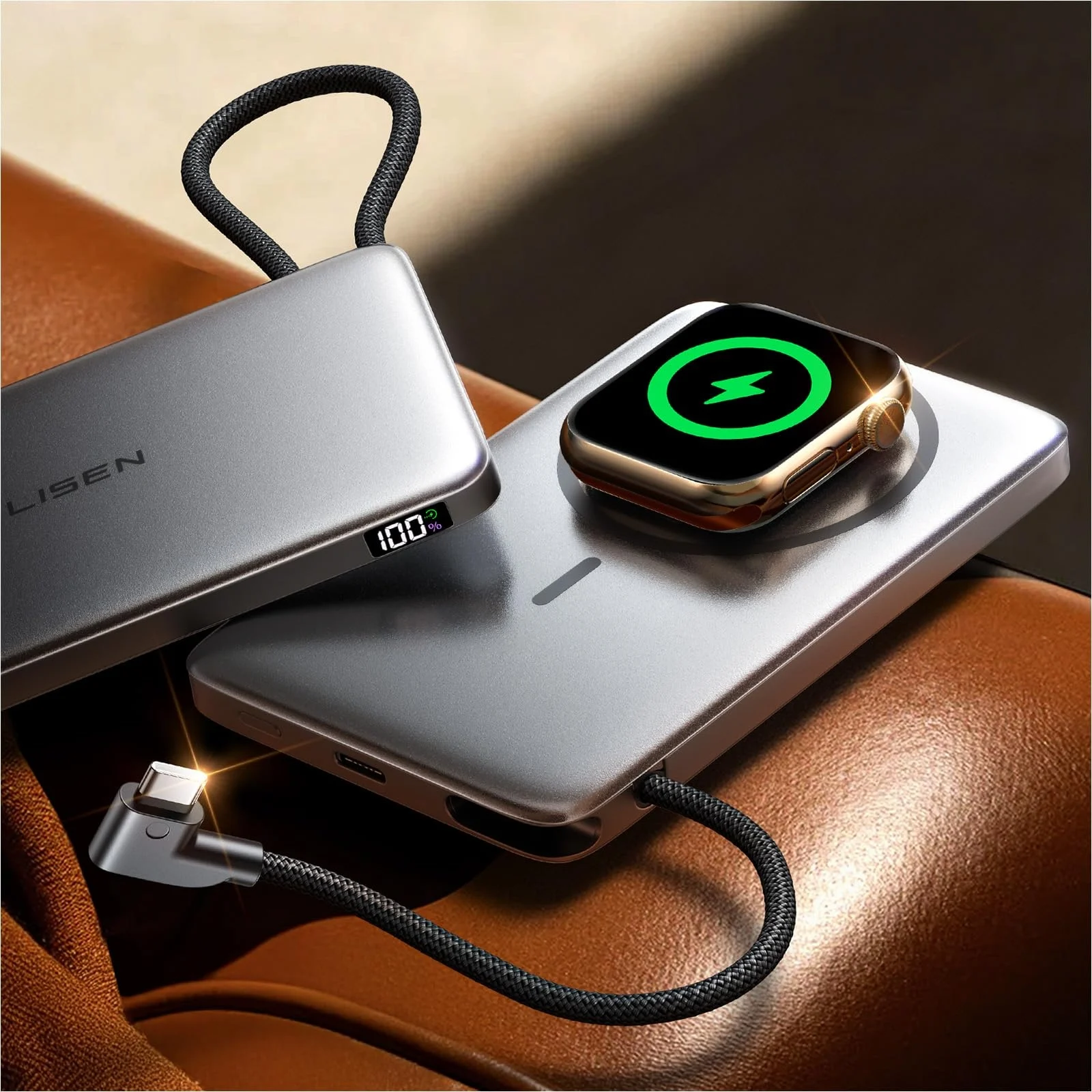 LISEN 10000mAh Power Bank Magnetic Wireless with Built in Cable Ultra Slim Portable Charger Alloy Battery Pack for iPhone 16 15
