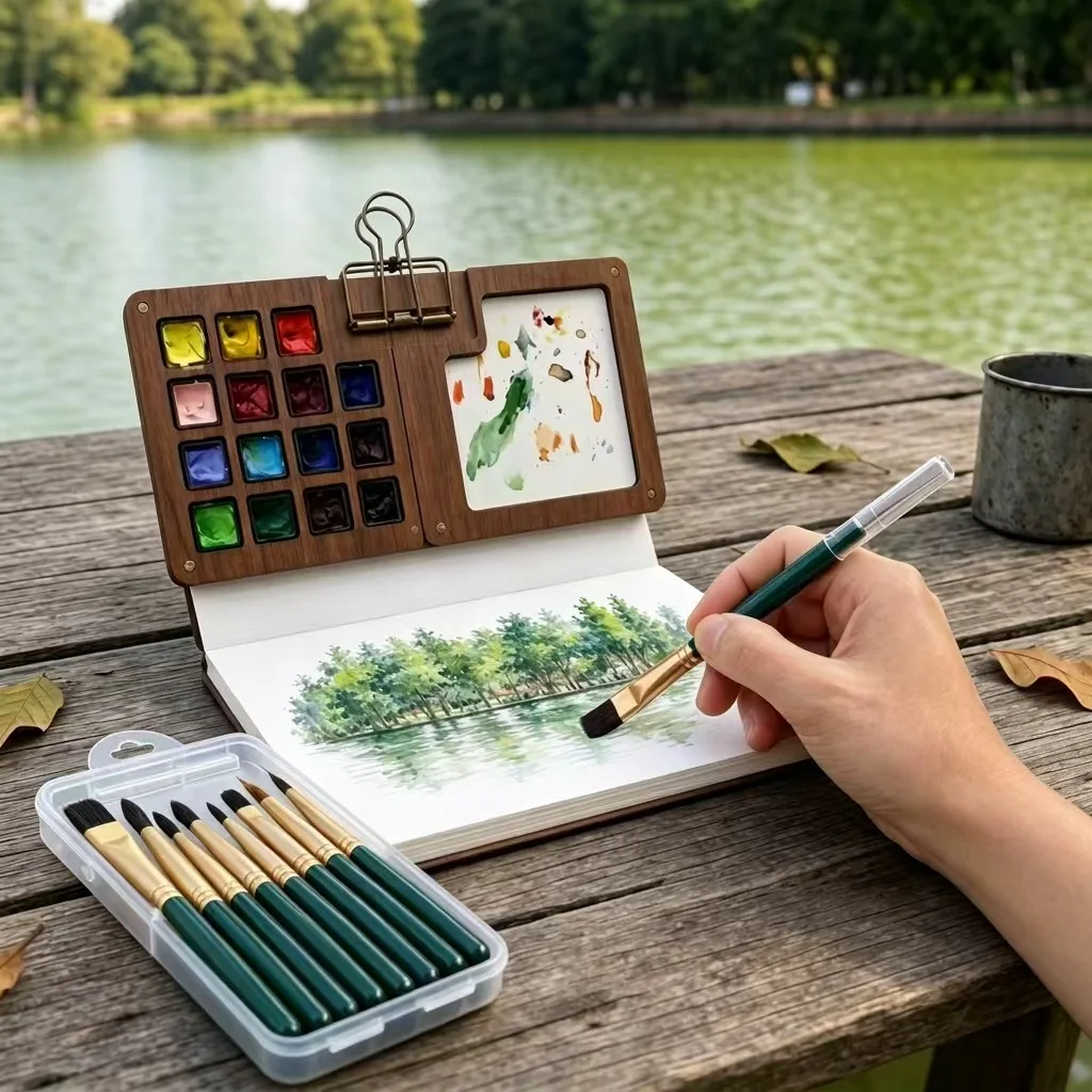Portable Watercolor Brush Set 8 Pieces Nylon Hair Travel Paint Brushes with Extender Rod for Outdoor Sketching and Art Students