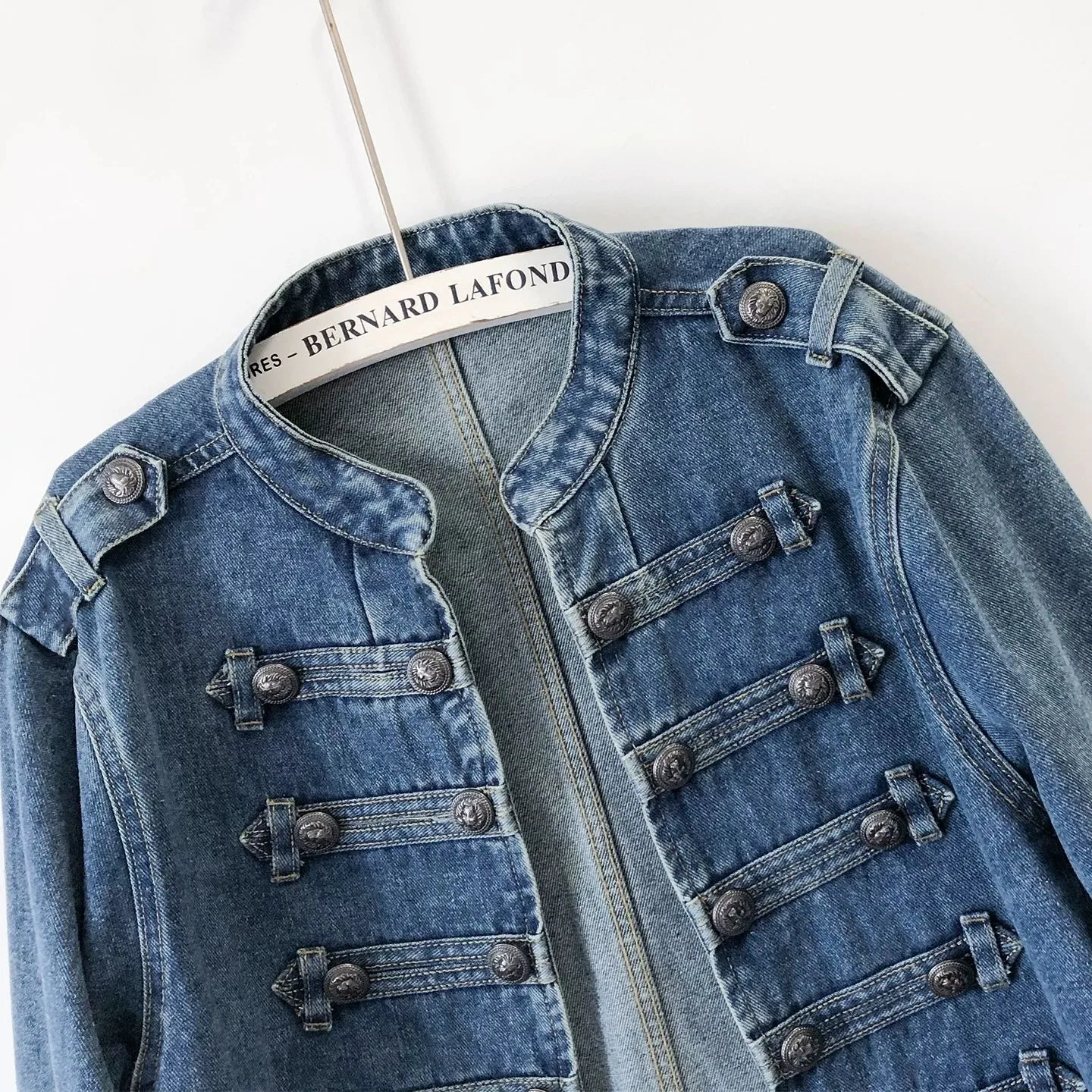 Women Vintage Military Style Denim Jacket Stand Collar Double Breasted Decor Button Cropped Jean Coat Long Sleeve Slim Fit Ladie - view 2