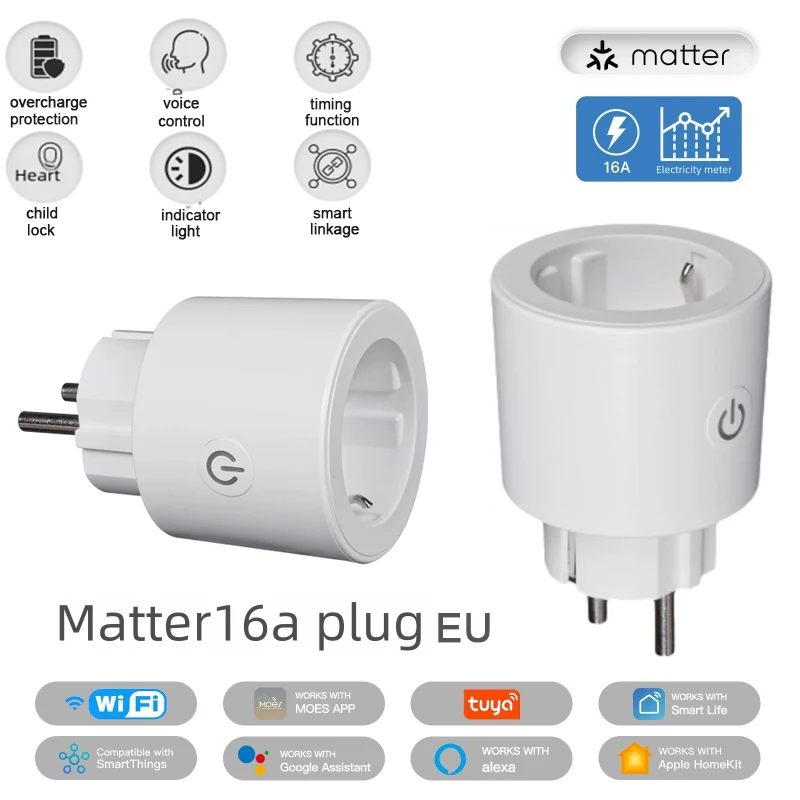 WETIPS Matter WiFi Tuya Smart Built-in Socket EU16A APP Remote Timer Overcharge Protect Power Monitoring Homekit Google Home