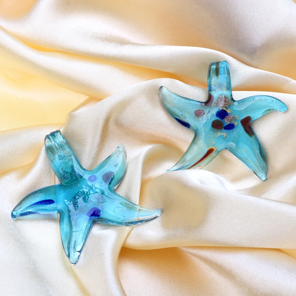 2PCS/Lot 53MM Contains Gold Foil Starfish Shape Pendant Handmade Lamp Work Beads DIY Necklace Jewelry Making