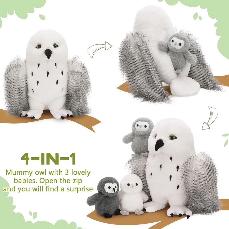 4Pcs Owl Plush Set Giant Mother Owl Stuffed Animal with 3 Baby Owls Inside 18 Cute White Soft Stuffed Owl for Girls Boys Ideal