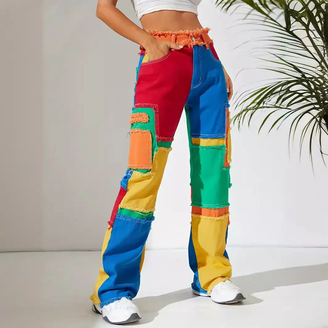 Hip Hop Patchwork Jeans for Women Straight Baggy Long Pants Korean High Waist Trousers Denim Jeans Streetwear Colorful Pants