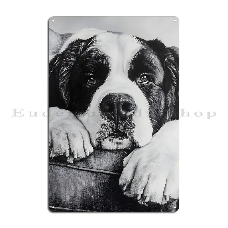 Realistic Saint Bernard Pencil Drawing Metal Sign Pub Garage Living Room Cinema Create Tin Sign Poster
