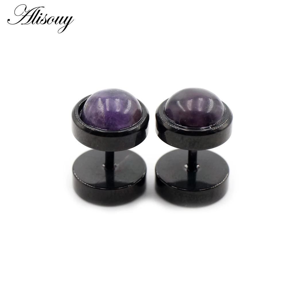 Alisouy 2pcs Punk Natural Stone Opal Stainless Steel Men Women Barbell Dumbbell Ear Studs Earrings Tragus Helix Piercing Jewelry